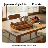 Japanese design aesthetic Round Woven Tray adaptable Round Woven Platter with Handles Natural visually pleasing Storage Basket perfect Gift for &beverage Lovers, Interior Decorators, homeowners, Kitchen, Living Room, Dining Table, Housewarming Party