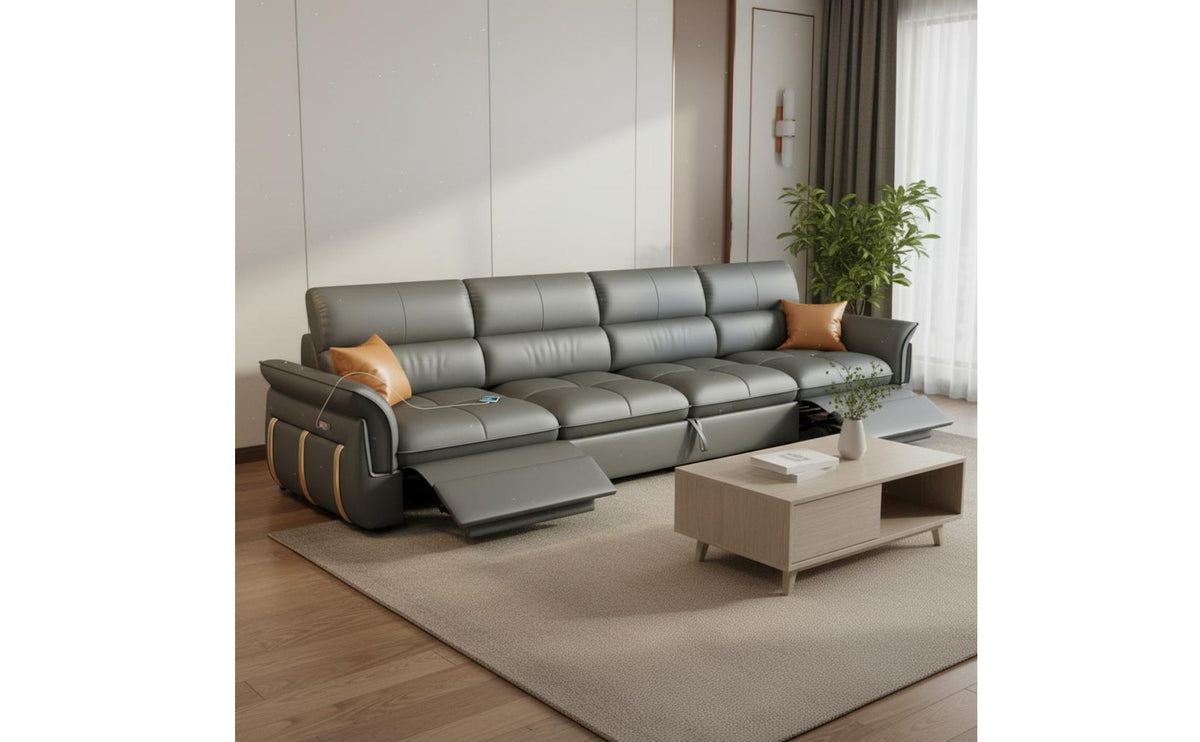 Electric Leather Sofa Bed Adjustable Headrest Power Reclining Sectional Sofa Built-in USB Port Convertible Recliner Couch with Storage