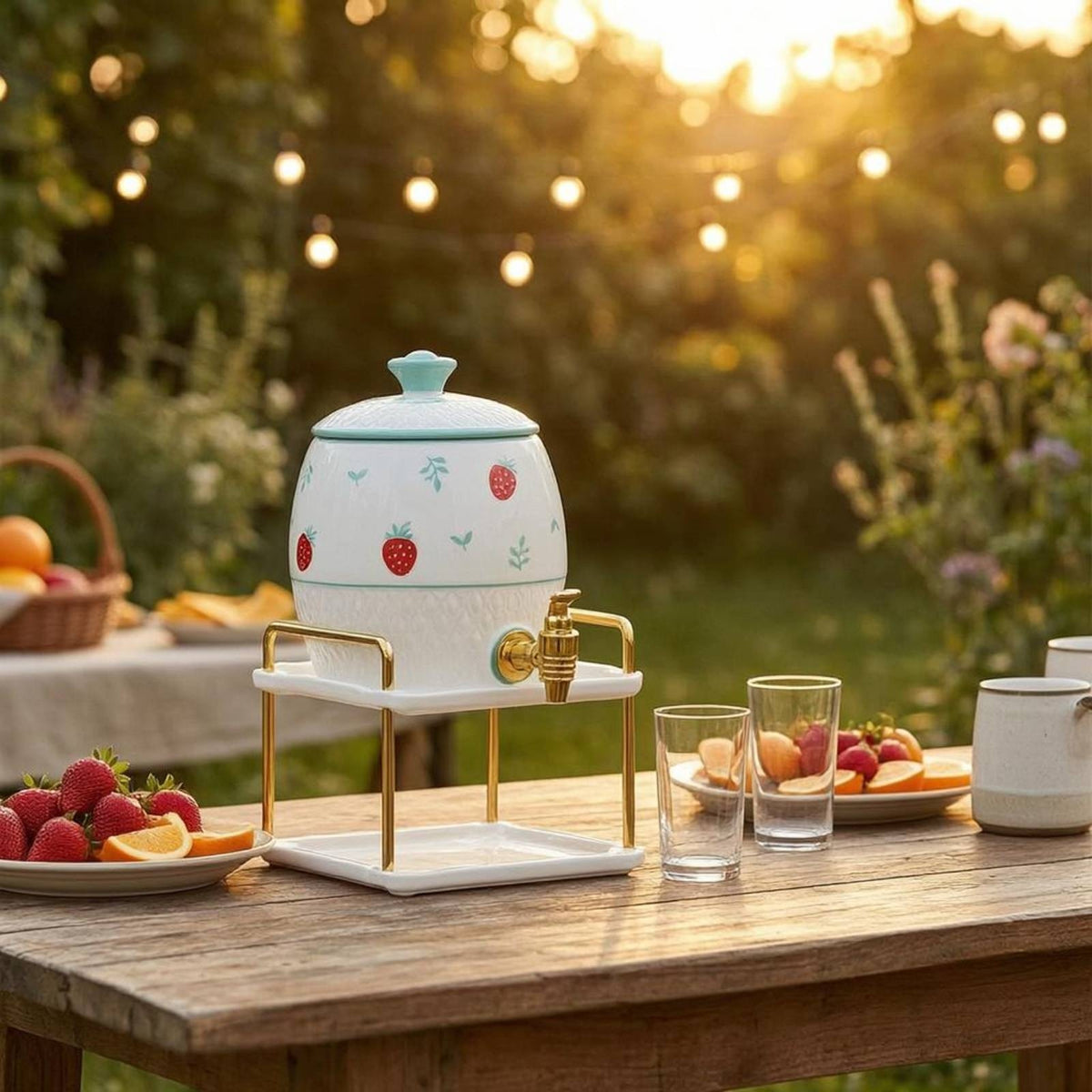 Strawberry Pattern Ceramic Water Dispenser Embossed Texture Ceramic Drink Dispenser Built-in Faucet Porcelain Water Water Jug Matching Stand
