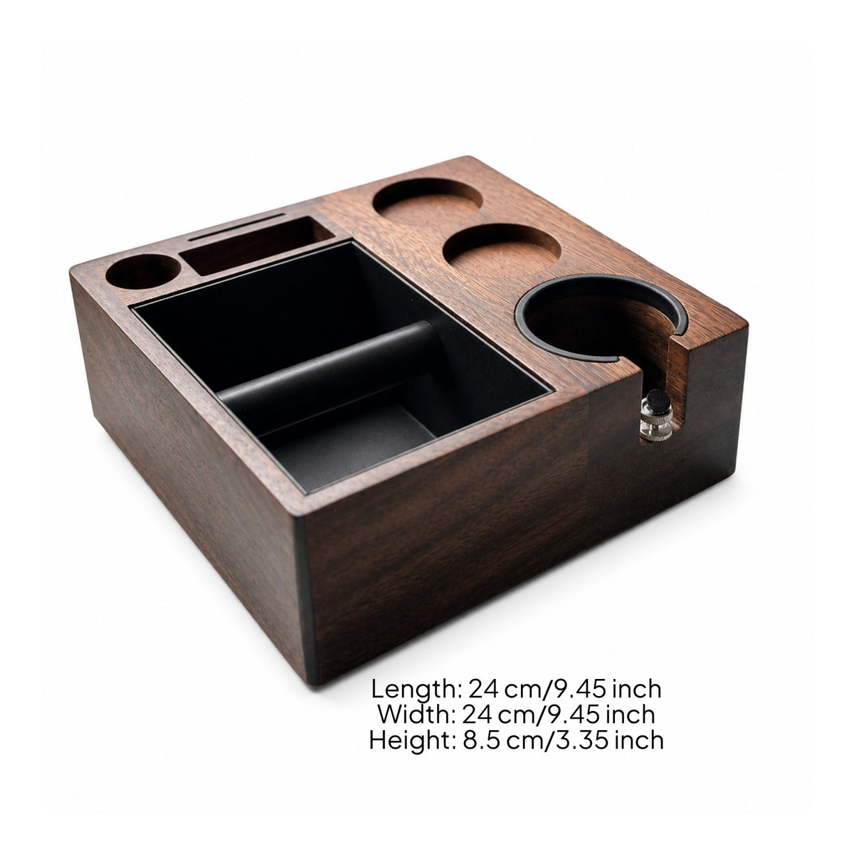 Espresso Knock Box and Tamping Station Walnut Coffee Knock Box and Tamping Station Wooden Organized for Baristas
