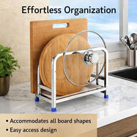Pan Stand and Pot Lid Organizer for Home Cook, 304 Stainless Steel Cutting Board Holder with Thick Tray Rack