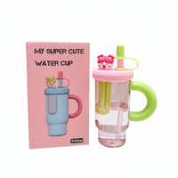 Large Capacity Straw Cup Cute Cartoon Design Handled Water Cup Portable Tumbler Handle Grip for Women, Girls, Cycling, Travel, Outdoor