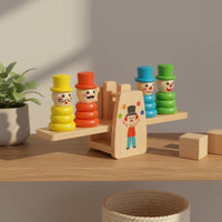 Develops Hand-Eye Coordination Wooden Clown Balance Scale Early Learning Clown Stacking Rings Toy Parent-Child Interaction Seesaw Balance Stacking Toy for Preschoolers, Toddlers