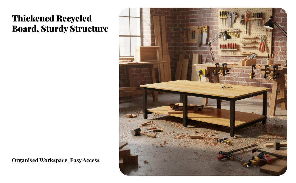 Double Layer Workbench High Load Capacity Assembly Line Table Sturdy Steel Frame Industrial Work Table with Shelf for Warehouse, Garage