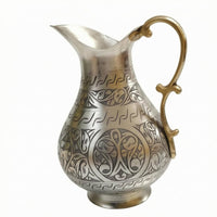 Artisanal Decorative Turkish Pitcher Curved Handle Metal Water Pitcher Flared Spout Table Accessory Wide Rounded Body