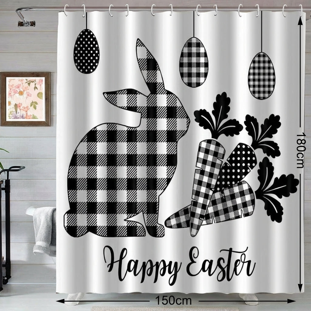 Happy Easter Shower Curtain, Cute Rabbit with Egg Decor Buffalo Plaid Design Fabric Shower Curtains for Homeowners, Adults, Bathtub, Black and White Cloth Fabric Bath Curtain