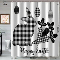 Happy Easter Shower Curtain, Cute Rabbit with Egg Decor Buffalo Plaid Design Fabric Shower Curtains for Homeowners, Adults, Bathtub, Black and White Cloth Fabric Bath Curtain