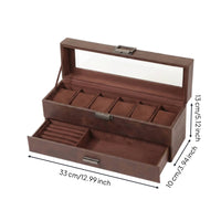 Vintage-Style Watch and Jewelry Organizer PU Leather Watch Box with Glass Lid Divided Jewelry Box with Glass Lid Dust-Resistant for Collectors, Dresser, Vanity Table, Closet