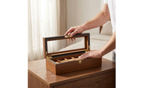 Padded Slots Wooden Watch Box Suede-Lined Glass Lid Watch Box Hinged Top Storage Front Lock