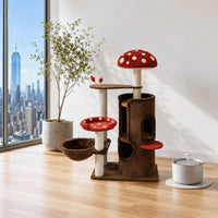 Rope-Wrapped Fungus Feline Tree Hanging bedStyle Multi Level Feline Structure Arched Opening Pet Furniture Dangling Toys