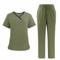Multiple Pockets V-Neck Scrub Set Drawstring Waist Short Sleeve Nursing Attire Breathable Two-Piece Medical Workwear Soft Material for Dentists, Healthcare Workers, Veterinarians, Oral Health Office, Hospital, Medical Facility