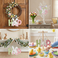 Wooden Easter Hanging Sign, Easter Decorations Door Sign Bunny Ornaments for Door Wall Home Kitchen Wreath