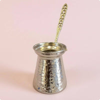 Perforated Handle Turkish Coffee Pot Flared Rim Metal Turkish Coffee Pot Tapered Body Briki Silver-Toned