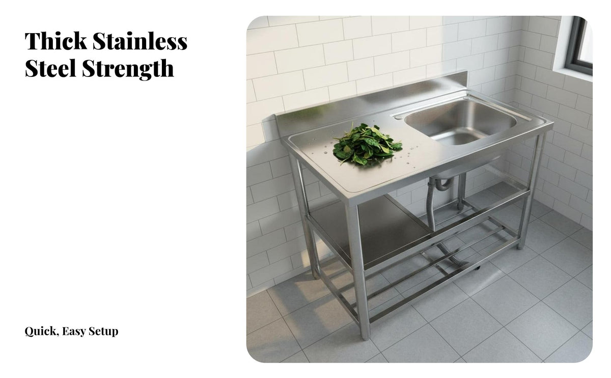 Stainless Steel Sink with Stand Heavy Duty Construction Freestanding Kitchen Sink Easy to Clean Utility Basin with Shelf for Homeowners, Outdoor, Farm