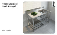 Stainless Steel Sink with Stand Heavy Duty Construction Freestanding Kitchen Sink Easy to Clean Utility Basin with Shelf for Homeowners, Outdoor, Farm