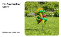 Frog Metal Rotator Flower-Shaped Blade Metal Frog Rotator Animal Kinetic Rotator Round Eyes Outdoor Decor Pointed Base