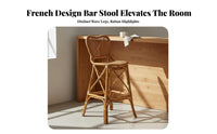 Solid Ash Wood Rattan Bar Stool Stable Structure French Design High Stool Vintage Casual Woven Back Counter Chair Space Saving for Cafe Owners, Homeowners, Interior Designers, Restaurant, Kitchen, Living Room