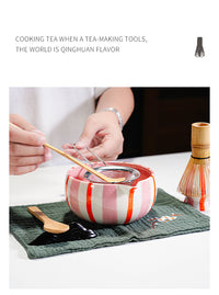 Ceramic Painted Striped Matcha Tea Set with Whisk Accessories