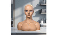 Mannequin Head with Shoulders Realistic Female Mannequin Bust Bald Hairpiece Display Head for Cosplayers, Jewelers