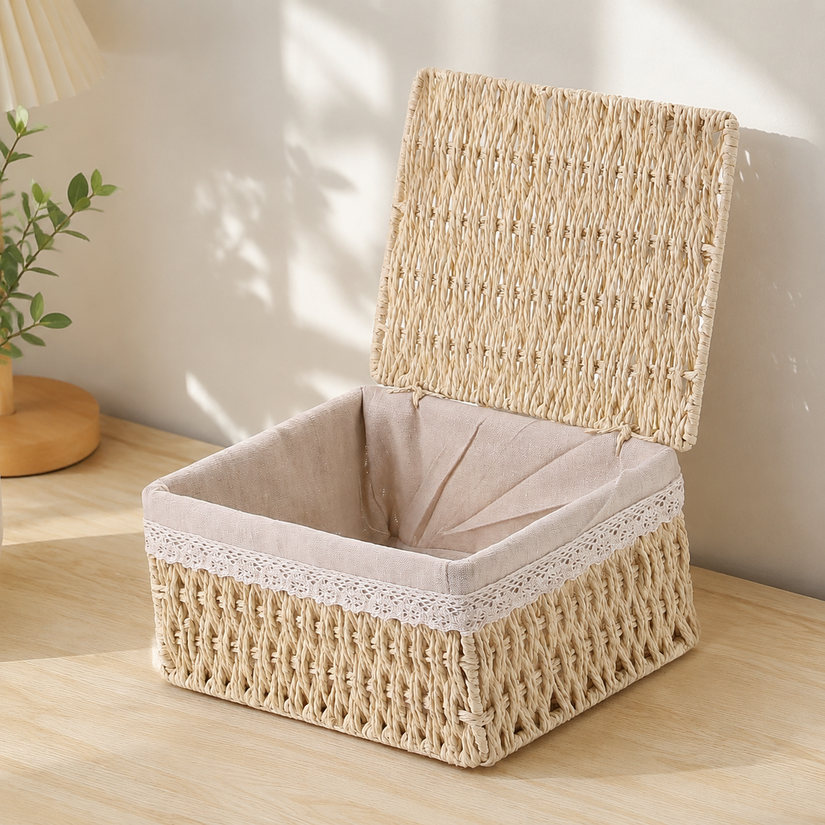 Stylish Laundry Basket, Lidded Laundry Basket, Plant Fiber-Made Stackable Storage Basket, For Dressing Rooms