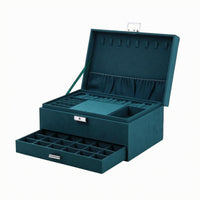 Divided Compartments Velvet Jewelry Box Hinged Lid Jewelry Box with Drawer Metal Latch Display Case Green