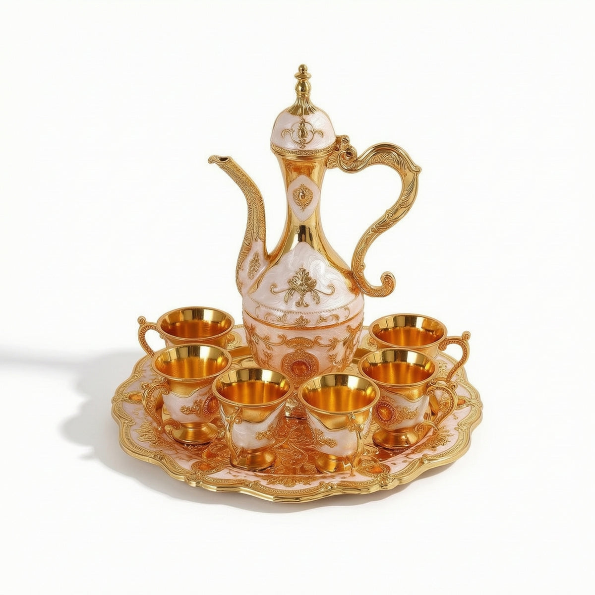 Ornate Wine Serving Set with Tray Gold-Toned Ewer and Cup Set Embossed Wine Goblets Vintage Style for Hosts, Collectors, Weddings, Home Bar, Dining Room, Housewarming