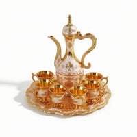 Ornate Wine Serving Set with Tray Gold-Toned Ewer and Cup Set Embossed Wine Goblets Vintage Style for Hosts, Collectors, Weddings, Home Bar, Dining Room, Housewarming