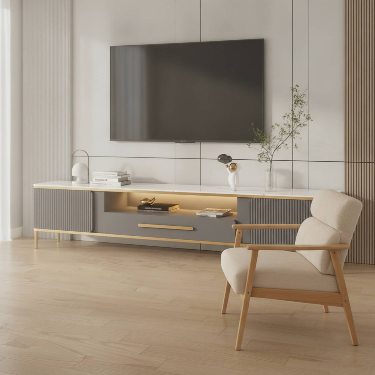 TV Cabinet with Open Shelf Ribbed TV Stand Modern Credenza for Living Room, Media Setup, Small Apartment