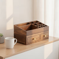 Makeup Organizer with Drawers Walnut Wooden Drawer Cabinet Double-Layer Desktop Organizer for Women, Vanity, Dressing Table, Bedroom Dresser