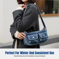 Korean Washed Denim Bowling Bag, High Aesthetic Shoulder Bag, Relaxed Winter Purse