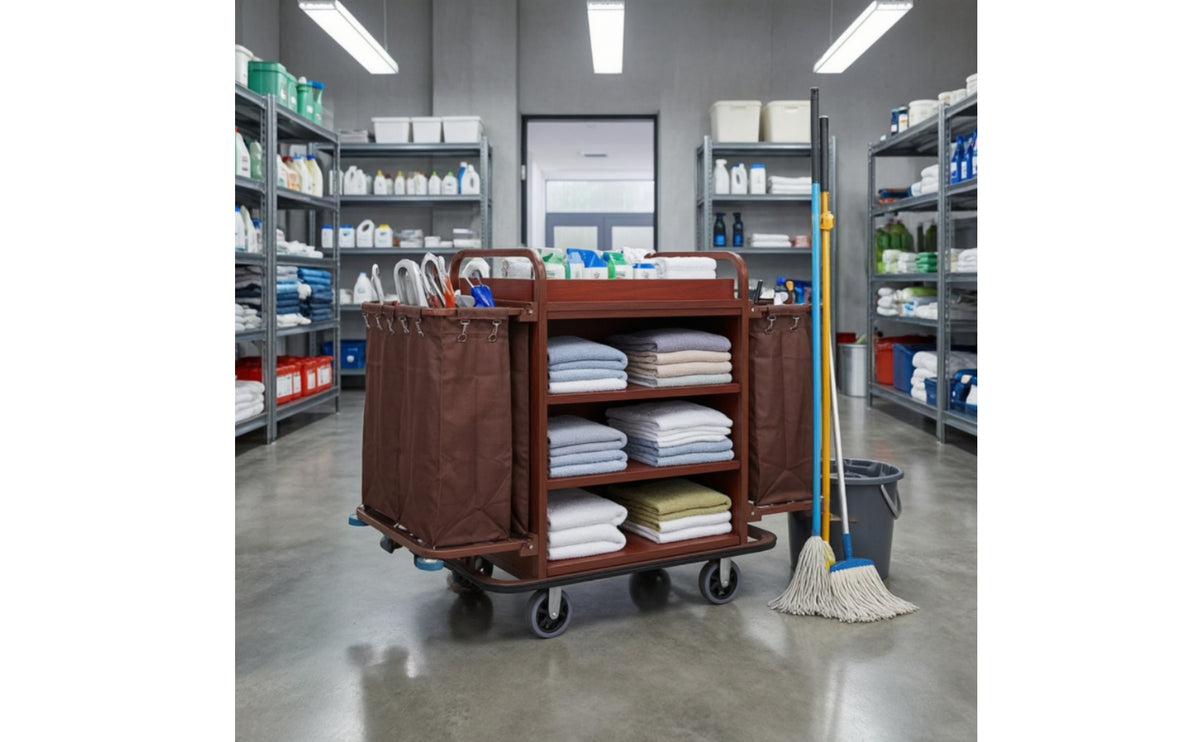 Hotel Cleaning Trolley Commercial Cleaning Cart with Bins Multi-Tier