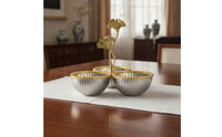 Tabletop Dish with Ginkgo Foliage & goldenTone Snack Bowl with Leaf Topper Ribbed for Home Entertaining