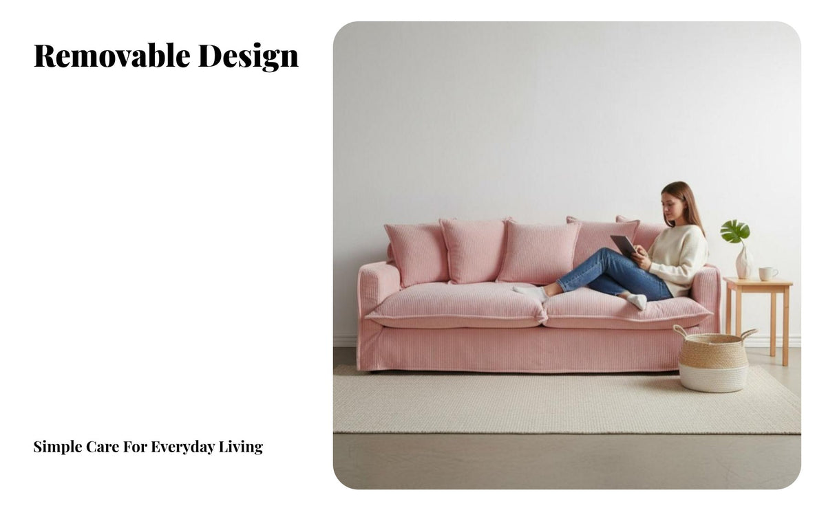 Corduroy Upholstered Couch Removable and launderable Cover Corduroy Three-Seater Sofa French Retro Aesthetic Living Room Seating for Homeowners, Families