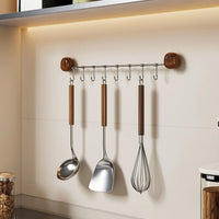 Wall Kitchen Utensil Hanger with Eight Hooks Space-Saving Stainless Steel Utensil Rack with Wood End Pieces Rustproof Organizer for Entryway