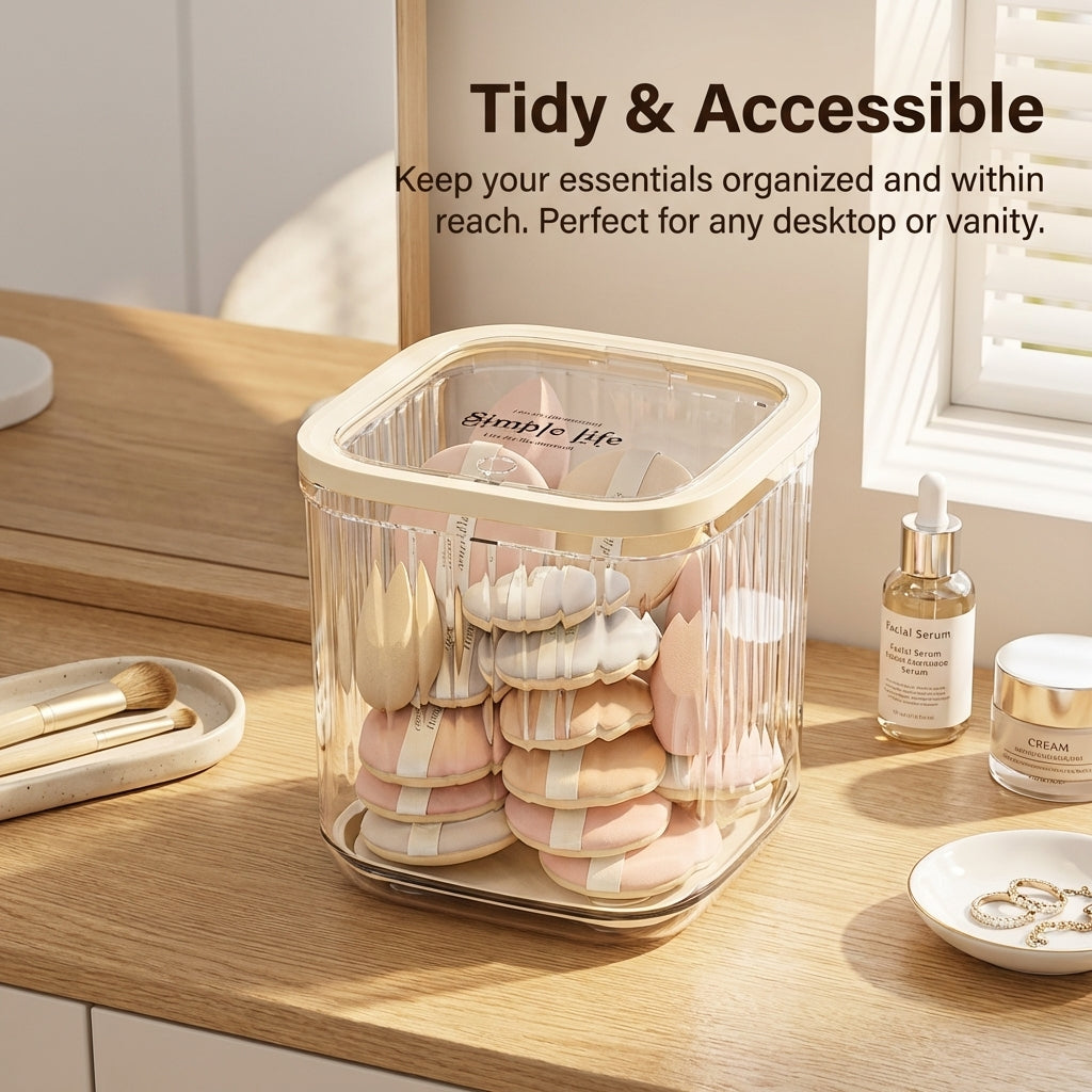 Cosmetic Organizer with Press Open Hinged Lid, Clear Acrylic Makeup Container for Dresser Top and Bedroom Puff Storage Box