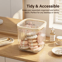 Cosmetic Organizer with Press Open Hinged Lid, Clear Acrylic Makeup Container for Dresser Top and Bedroom Puff Storage Box