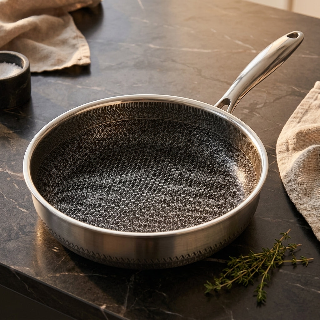 Frying Pan for Stir Fry and Home Cooking, Stainless Steel Induction Frying Pan with Pan Lid, Deep Pan with Honeycomb Surface, Omelette Egg Pan