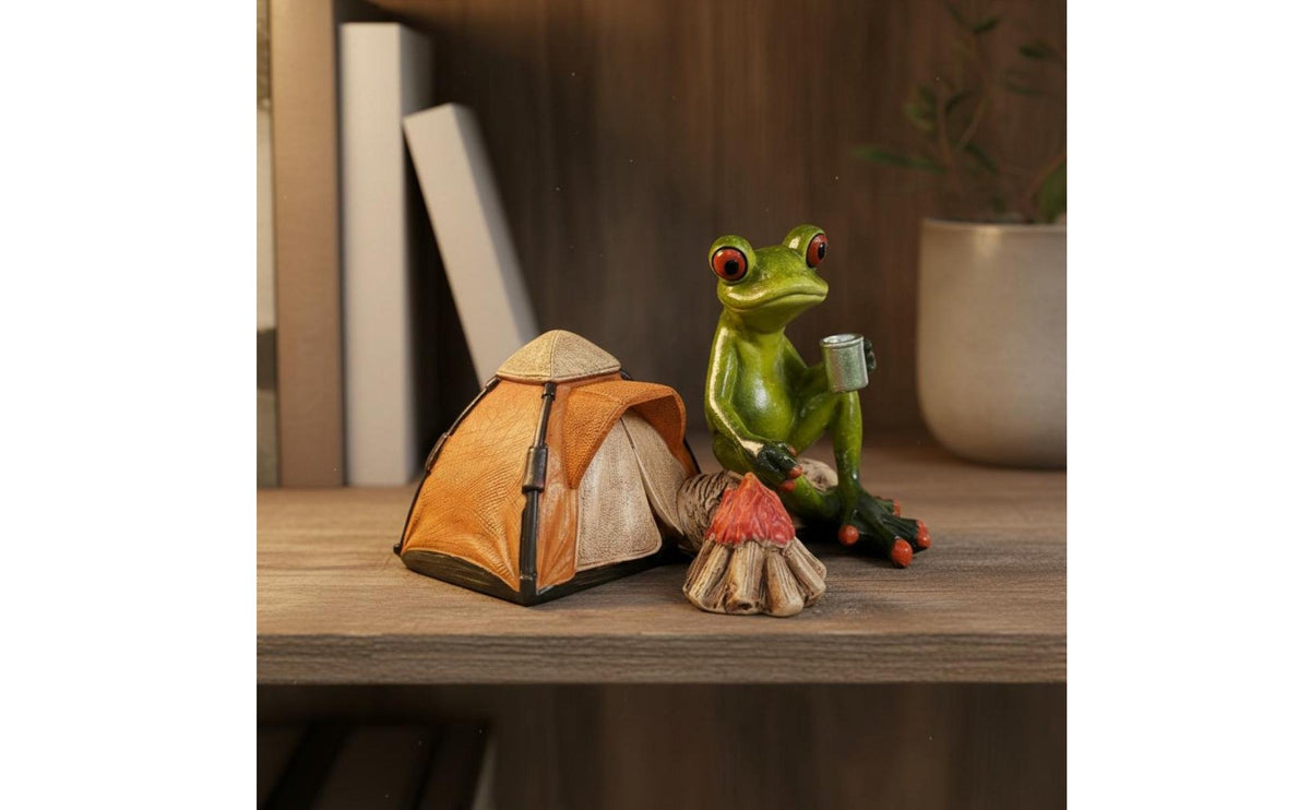 Resin Frog Statue with Tent Novelty Design Camping Frog Figurine House Decoration Collectible Handmade for Desktop, Shelf