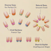 Nails French Tip with Rainbow Stripes, Short Square False for Weddings and Parties, Reusable Artificial with Jelly Glue and Included
