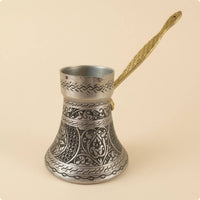 Long Handle Turkish Coffee Pot Flared Body Ibrik Coffee Brewer Metal Finish Kitchenware Silver-Toned
