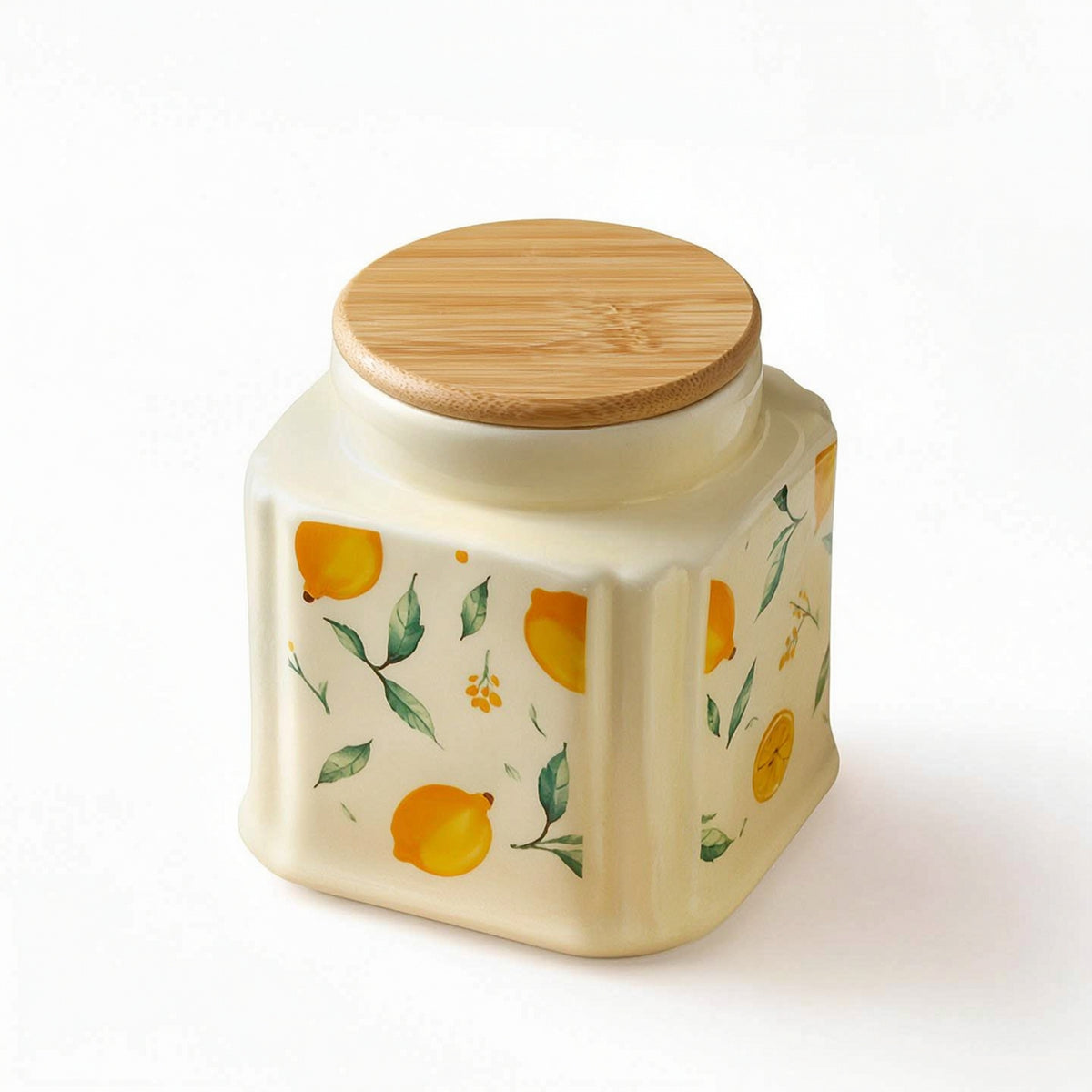 Decorative Ceramic Jar with Wooden Lid Airtight Lemon Print Canister Moisture-Proof Ceramic Jar with Lid Cute for Homeowners, Bakers, Kitchen Counter, Pantry, Coffee Bar