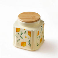 Decorative Ceramic Jar with Wooden Lid Airtight Lemon Print Canister Moisture-Proof Ceramic Jar with Lid Cute for Homeowners, Bakers, Kitchen Counter, Pantry, Coffee Bar