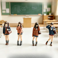 4 Pieces Schoolgirl Figurine Hand-Painted Miniature Figure with Handbag 3D Printed for Collectors