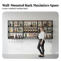 Wall Mounted Vino Rack Wrought Iron Industrial Bar Shelf Multifunctional Metal Vino and Glass Rack for Restaurant Owners, Homeowners, Dining Room, Pub