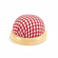 Floral Print Wooden Base Pincushion Plaid Pattern Textile Needle Cushion Handmade Round Sewing Pin Cushion for Crafters, Quilting