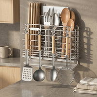 Chopstick Holder and Utensil Holder, 304 Stainless Steel Wall Mounted Organizer with Drainage Holder Tray, Space Saving Modern Kitchen Storage