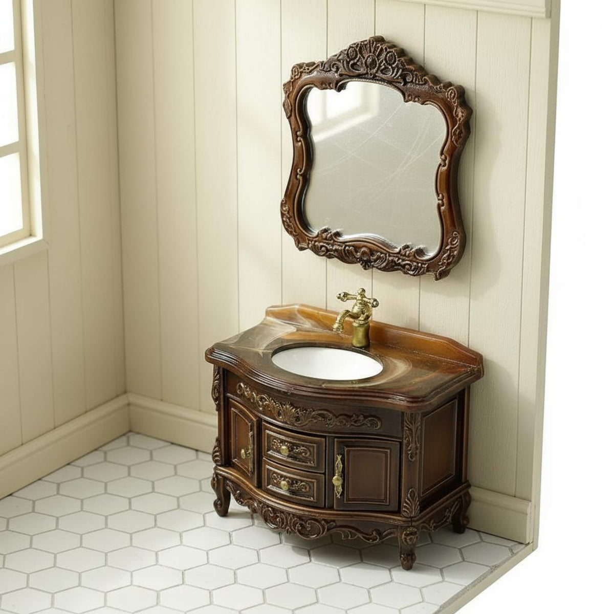 1:12 Scale Washroom Vanity Realistic Details Dollhouse Washbasin Cabinet Detailed Craftsmanship Dollhouse Washroom Vanity for Miniaturists, Hobbyists