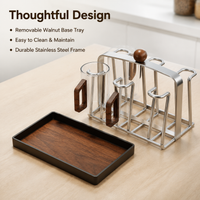 Mug Tree Holder, Stainless Steel Cup Drying Rack with Wooden Base, Walnut Colour Anti Rust Space Saving Countertop Organiser