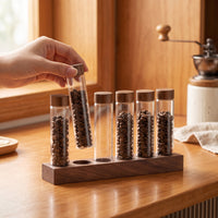 Single-Dose Coffee Bean Display Rack Wooden Coffee Bean Cellar with Wood Base Airtight Glass Tube Holder Countertop for Baristas, Espresso Station