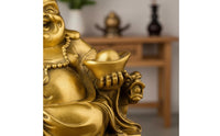 Wealth Attraction Laughing Buddha Statue Good Fortune Golden Maitreya Figurine Resin Craft Big Belly Buddha Ornament for Desktop, Living Room, Office